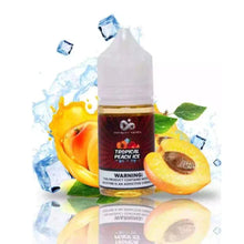 Infinity Tropical Peach Ice 30ML bottle surrounded by fresh peaches and tropical fruits with icy accents on a vibrant backdrop.

