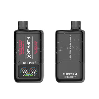 RUFPUF Flipper X 5% disposable vape featuring Strawberry Watermelon Bubblegum Ice and Raspberry Redbull Ice flavors.

