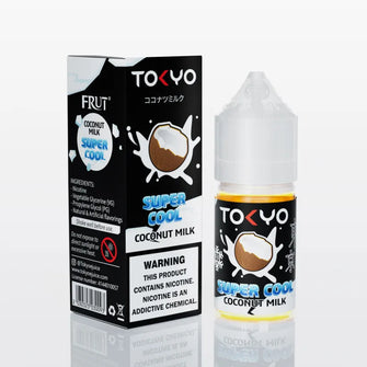 Tokyo Super Cool Coconut Milk 30ml e-liquid, offering creamy coconut flavor with a refreshing icy twist, ideal for a smooth vape experience.