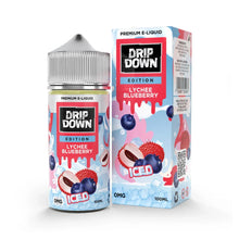 Lychee Blueberry Ice 100ml e-liquid bottle with lychee and blueberry fruits and icy elements.


