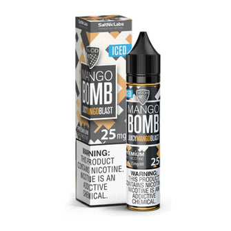 VGOD Iced Mango Bomb Nic Salt 30ML bottle with mango slices and icy accents.

